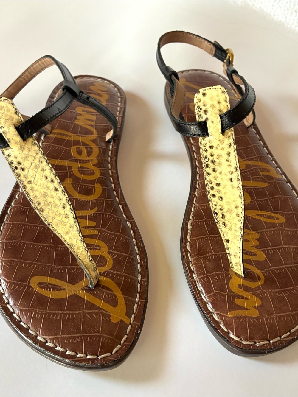 Sam Edelman Brown & Gold Snake-Texture Leather Thong Sandals